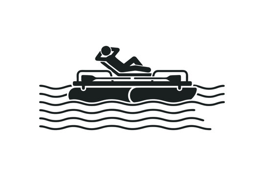 Minimal monochrome vector illustration of a person reclining on a pontoon boat, black silhouette, flat icon design
