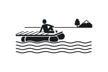 Minimal vector pictogram of a person sitting and relaxing on a pontoon dock by a lake, solid black silhouette, clean SVG icon © Faridzdesign