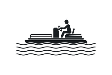 Simple monochrome vector pictogram of a person steering a pontoon boat on calm water, solid black silhouette, flat SVG icon, minimal details © Faridzdesign