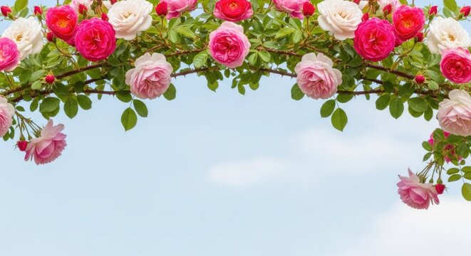 Delicate floral arch with pink and white roses against soft blue sky