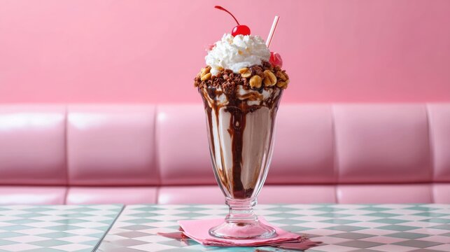 Chocolate peanut butter milkshake topped with whipped cream and maraschino cherries