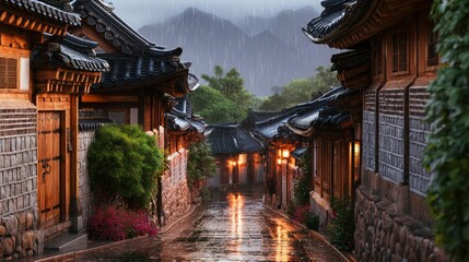 Obraz premium Traditional Korean Village Street Soaked in Rain with Scenic Mountains in the Background