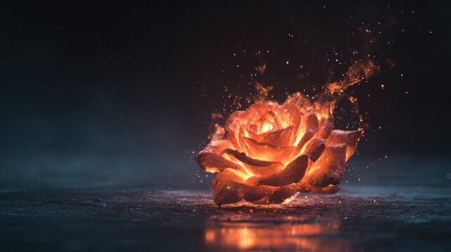 A fiery orange rose engulfed in flames, embers and smoke billowing around it, sits on a dark, reflective surface against a black background