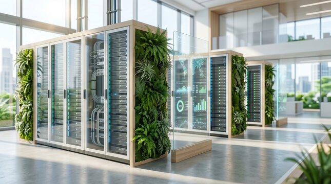 Eco-friendly server room with vertical garden walls and sustainable technology, green computing infrastructure concept
