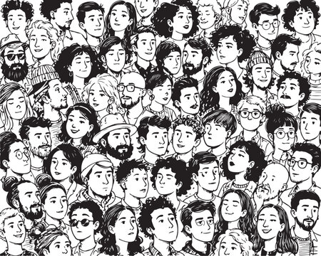 Large group of diverse people faces pattern sketch illustration