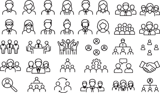 Set of business people and team management line icons for office work