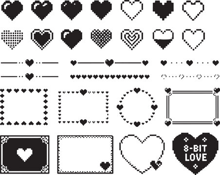 Set of black pixel art heart icons and decorative frames for design