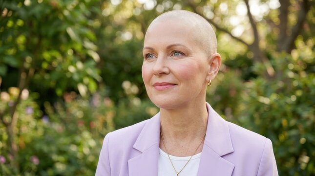 Resilient bald woman smiling in a sunny green garden, representing a cancer survivor or alopecia awareness journey, perfect for healthcare and empowerment campaigns with a natural outdoor backgrounds.