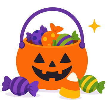 Flat Halloween candy bucket illustration with pumpkin basket sweets and candy corn for seasonal celebration