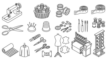 Fototapeta premium Isometric sewing and tailoring tools set, craft workshop equipment line art vector.