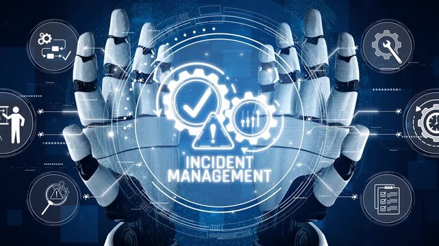 Futuristic robotic hands performing incident management with digital interface elements and gear icons representing automation and processes Sigmoid