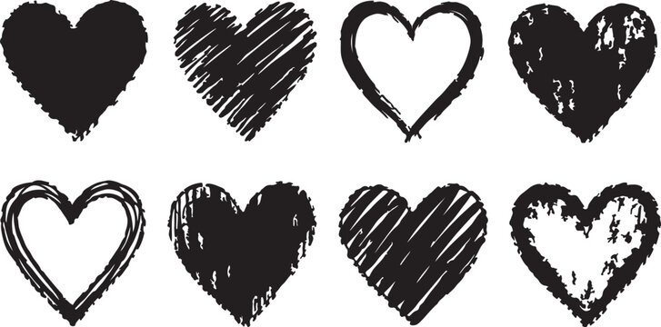 Set of hand drawn black heart shapes with various rough texture styles