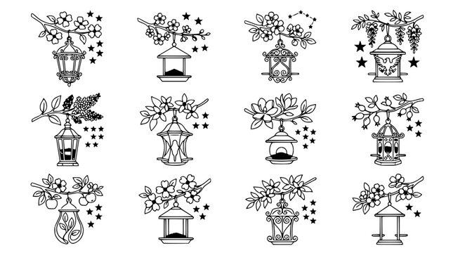 Ornate Garden Lanterns and Bird Feeders Hanging from Flowering Branches Vector Illustration