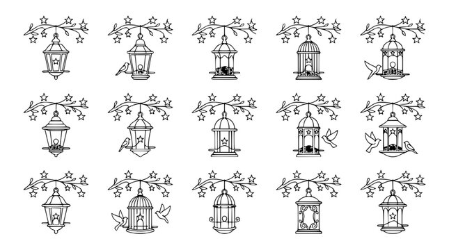 Set of Decorative Garden Lanterns and Bird Feeders Hanging on Starry Branches Line Art