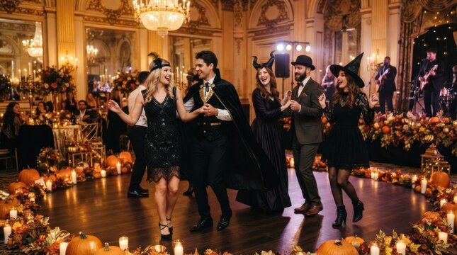 Elegant Halloween party with people in costumes dancing and a live band playing