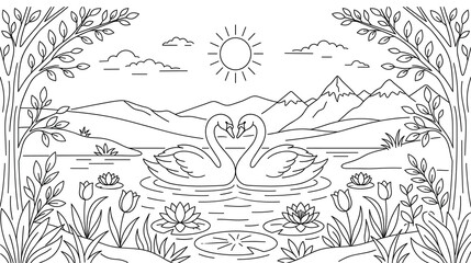 Pair of swans making heart shape on lake surrounded by nature line art vector illustration. © Md