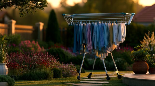 Portable Rolling Clothes Drying Rack Set Up in Garden Surrounded by Flowers and Soft Evening Light