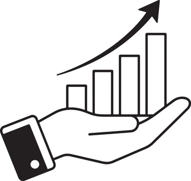 Black and white business growth bar chart held in a palm icon