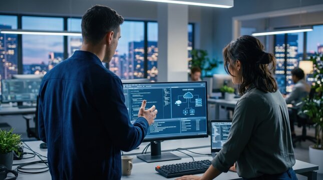 Two software developers analyzing code and cloud architecture on computer monitor in modern office at night, IT teamwork concept