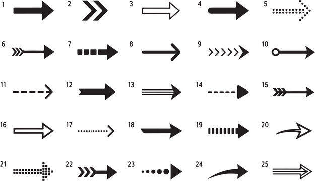 Set of twenty five different black arrow design elements
