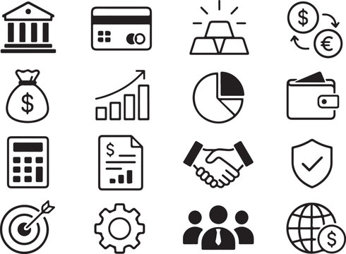 Set of black and white line icons for finance and business management