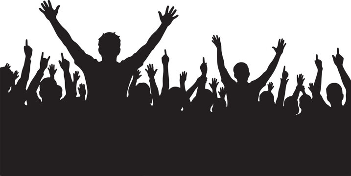Black silhouette of a cheering crowd with raised hands at a concert