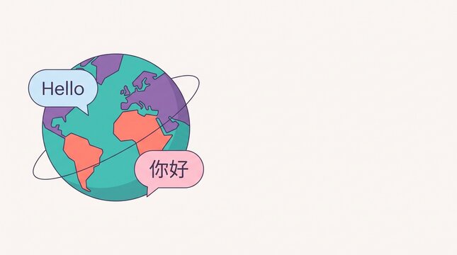 Global communication concept with planet Earth and speech bubbles saying hello in English and Chinese vector illustration