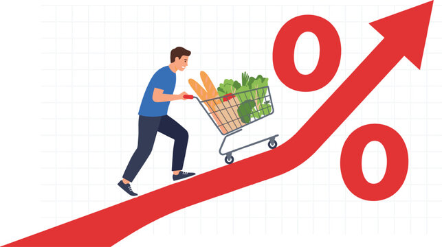 Global Inflation Concept with Man Pushing Grocery Shopping Cart Up Rising Red Arrow Chart with Percentage Symbols Vector