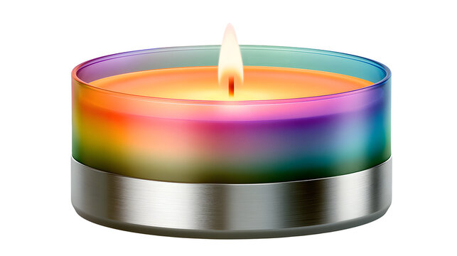 Rainbow scented candle with metal base isolated on transparent background