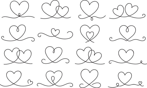 Set of hand drawn heart shapes in continuous line style