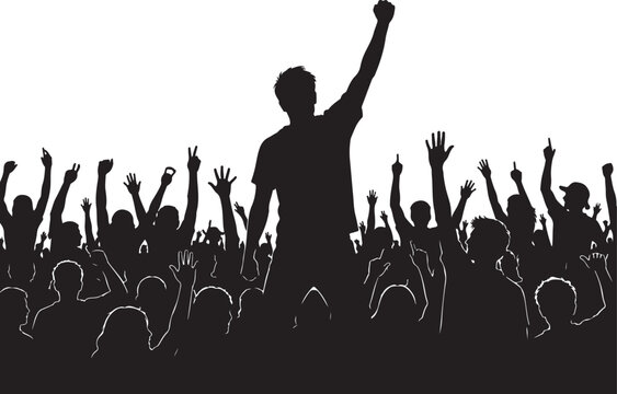Large crowd of happy people cheering with hands raised in celebration