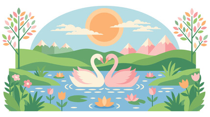 Two swans in love swimming on lake landscape with flowers and mountains flat illustration. © Md