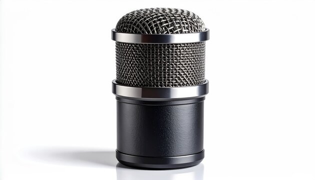 A dark, cylindrical microphone with a metallic mesh grille and silver bands