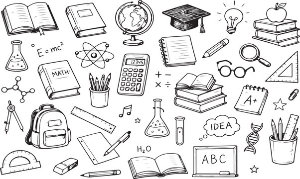 Hand drawn school supplies doodle collection for education and learning