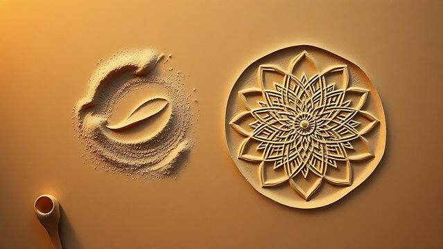 A sand mandala being swept away next to a new one beginning, top-down view with warm light.