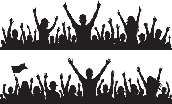 Silhouettes of happy cheering people at a music concert or festival event