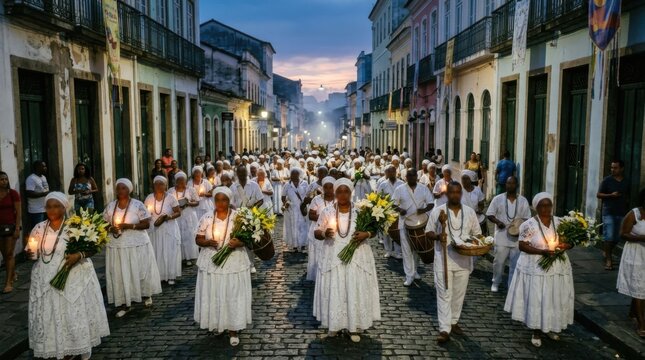 High angle wide perspective view of an immense temporary religious white dress procession moving past historic village columns