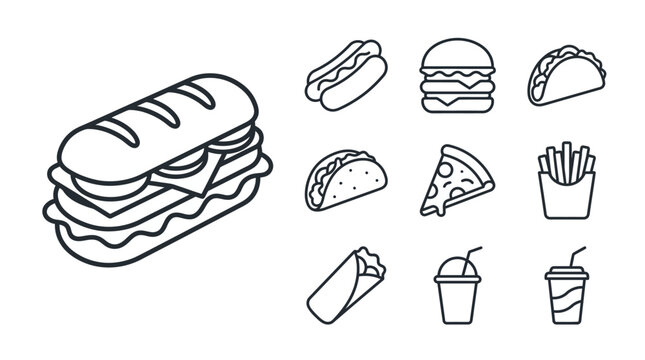 Submarine sandwich serves as the focal point among a collection of fast food icons including pizza and hot dogs.