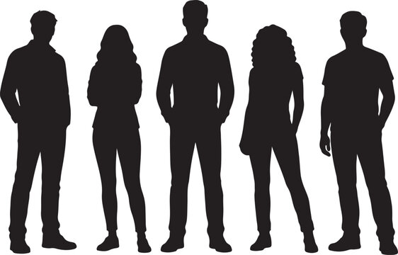 Group of five diverse people standing in a row as black silhouettes