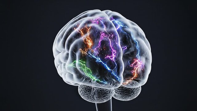 Transparent human brain with glowing neural activity and colorful electrical impulses, advanced neuroscience visualization, artificial intelligence concept, AI generated.