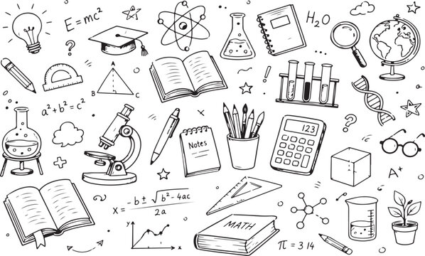 Hand drawn doodle set of school and science education supplies