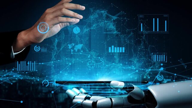 A robotic hand interacts with digital data and graphs, showcasing a modern approach to technology and analytics in business environments and advanced systems. Xenic