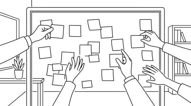 Colleagues hands sticking notes on whiteboard for brainstorming session