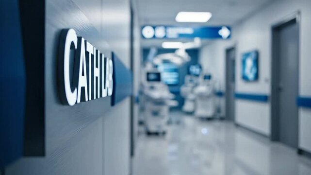 Focusing on Professional Cath Lab Sign in Modern Hospital Corridor