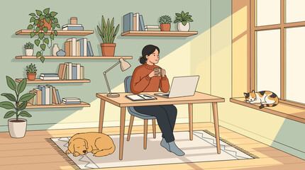 Naklejka na ściany i meble Young woman working on laptop in cozy home office with pets