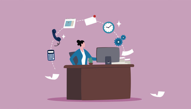 Multitasking Businesswoman Working at Office Desk with Computer, Calendar, Phone, and Clock Icons Vector Illustration for Workflow and Time Management Concepts