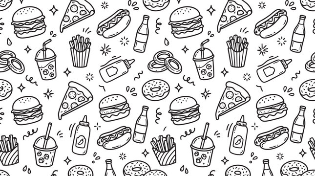 Fast food seamless pattern with hand drawn doodle icons of burgers pizza and drinks in black white