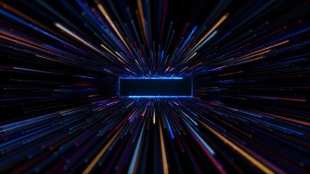 Multicolor speed lines reveal visual with bright rectangular center, radial light trails, and dark cinematic depth. Perfect for logo animations, title videos, promos, and motion overlays.