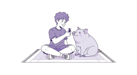 Young person feeding a pet pig on a rug illustration © andik