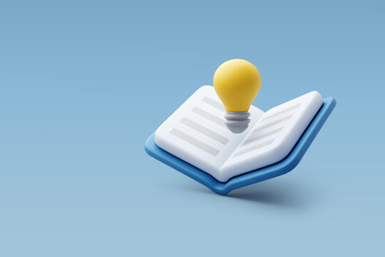 3D illustration Open book with a glowing light bulb, Education, Learning, Knowledge, Creative thinking, Innovation and New ideas.